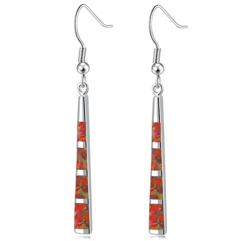 14K White Gold with Genuine Red Fire Opal Dangling Hook Tapered Bar Earrings